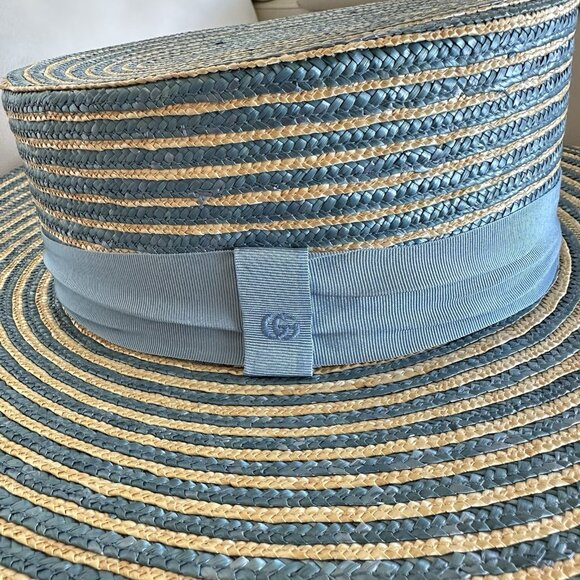 NWT GUCCI BLUE STRAW STRIPED HAT BOATER 100% Authentic Size M - Picture 6 of 10